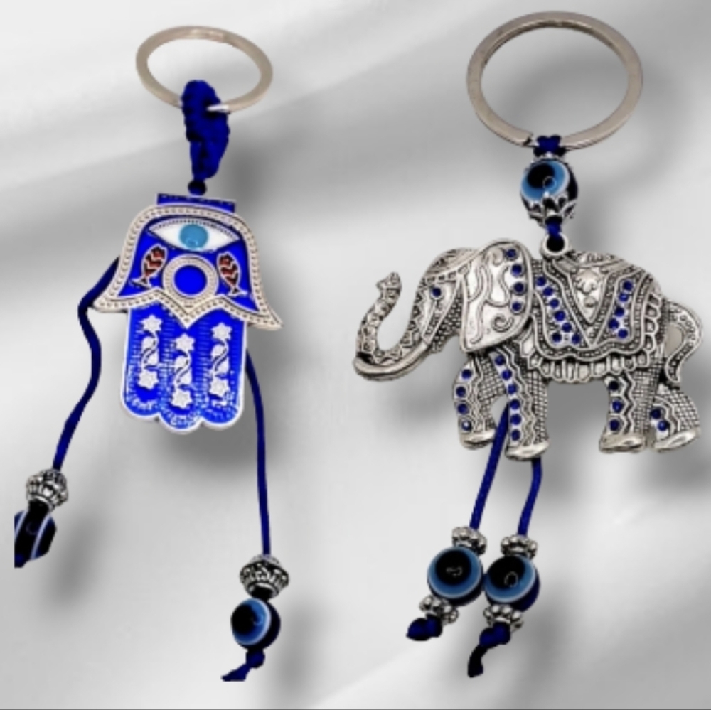 Bundle of 2 Good Luck Amulet Keychains, Elephant and Hand of Fatima Keychains